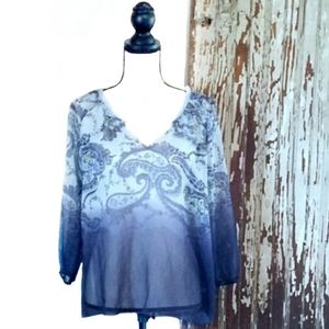 Sonoma Sheer Peasant Blouse Blue Paisley Size S